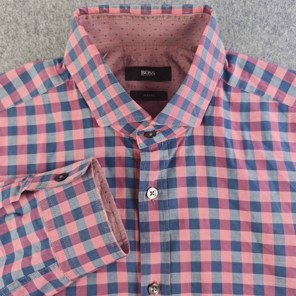 Hugo Boss Shirt Mens Large Slim Fit Pink Blue Check Long Sleeve Button Up